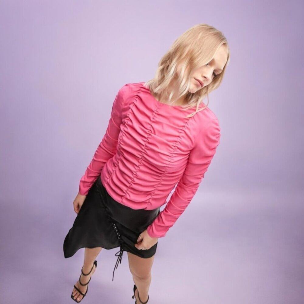 TopShop Ruched Long Sleeve Shirred Top Pink Size 6 NWOT $55 MSRP